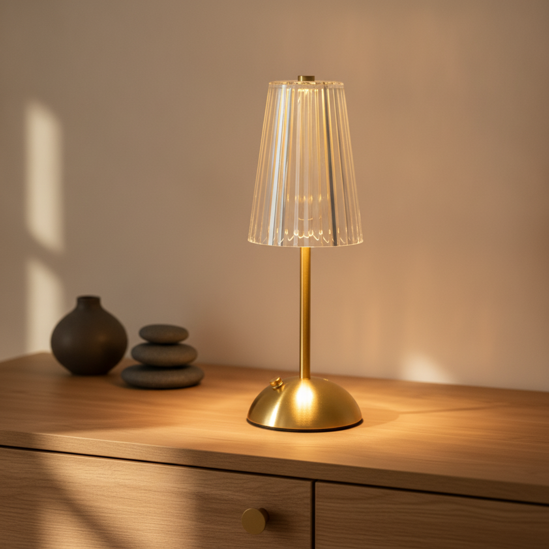 Keldvik — Lyra Table Lamp, Crystal-Cut Acrylic with Gold Iron Frame — Natural Wood Sideboard, square 1