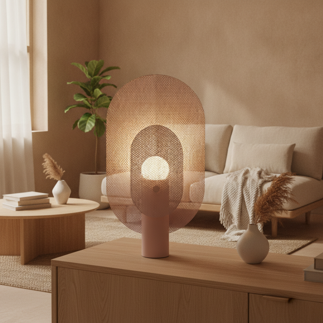 Keldvik — Gridhaven Table Lamp, Iron Mesh in Light Pink and Purple — Nordic Japandi Living Room, square 1