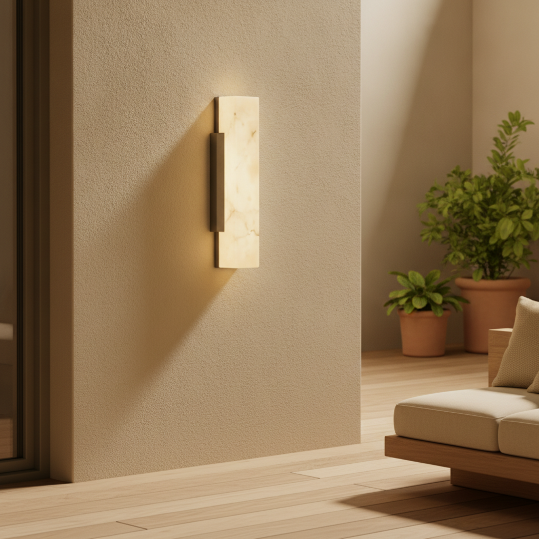 Keldvik — Emberveil Outdoor Wall Light, Imitation Marble and Stainless Steel — Outdoor Patio, square 1
