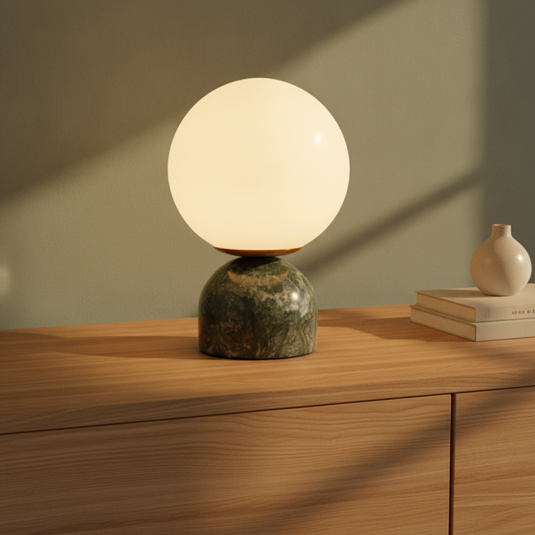 Keldvik — Onyx Table Lamp, Smooth Black Marble Base with White Glass Shade — Wooden Table, square 1
