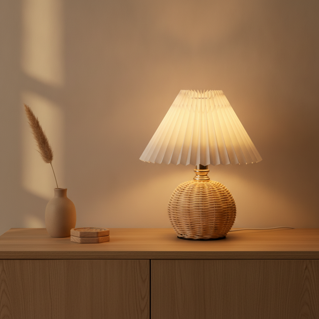 Keldvik — Hearthcone Table Lamp, Woven Rattan with Pleated Fabric Shade — Natural Wood Sideboard, square 1