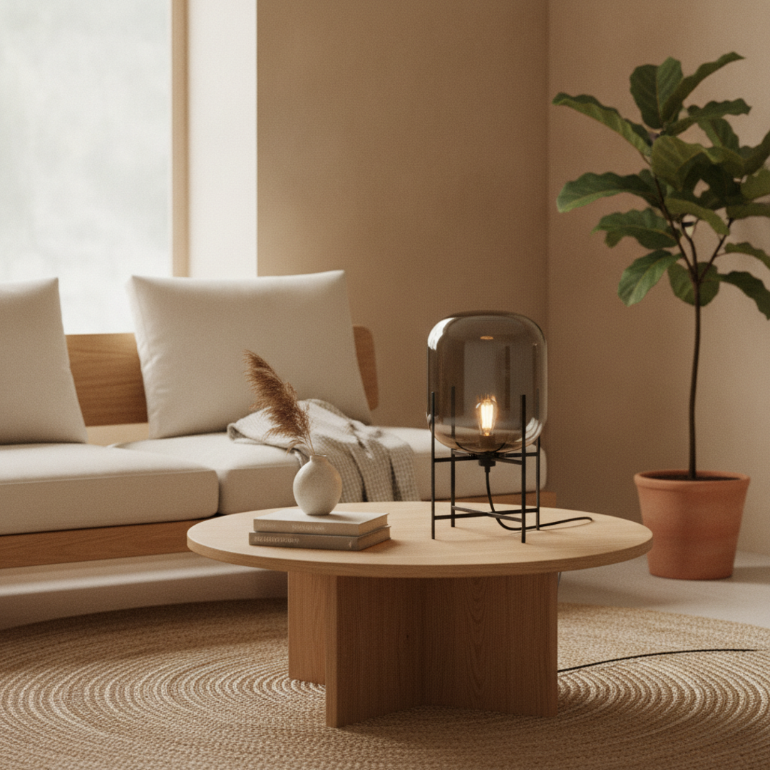 Keldvik — Hazeveil Table Light, Smokey Grey Glass Dome — Nordic Japandi Living Room, square 1