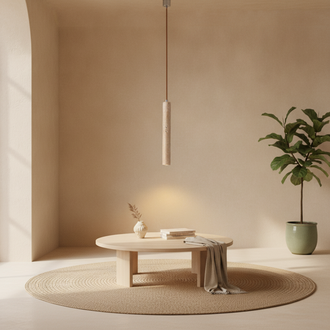 Keldvik — Sabi Pendant Light, Natural Travertine — Nordic Japandi Living Room, square 1