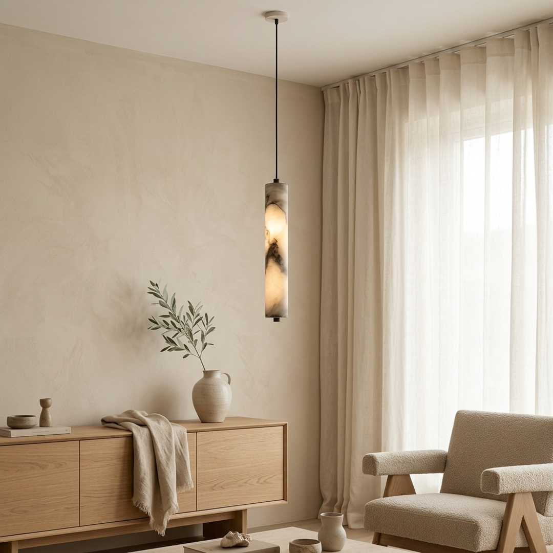 Keldvik — Flint Pendant Light, Hand-Carved Natural Stone — Nordic Japandi Living Room, square 1