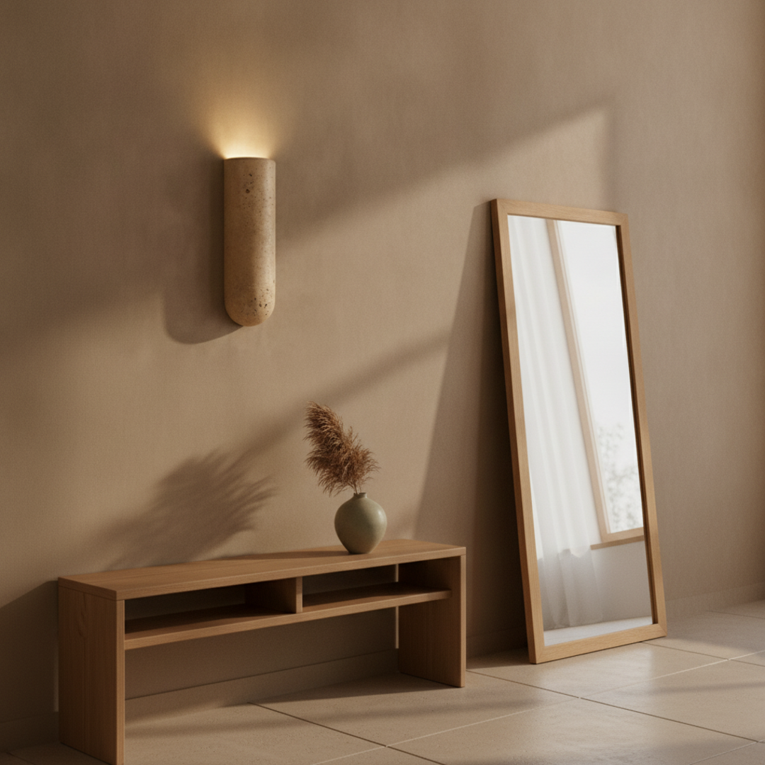 Keldvik — Stoneveil Wall Sconce, Authentic Travertine — Wall Sconce in Warm Hallway, square 7