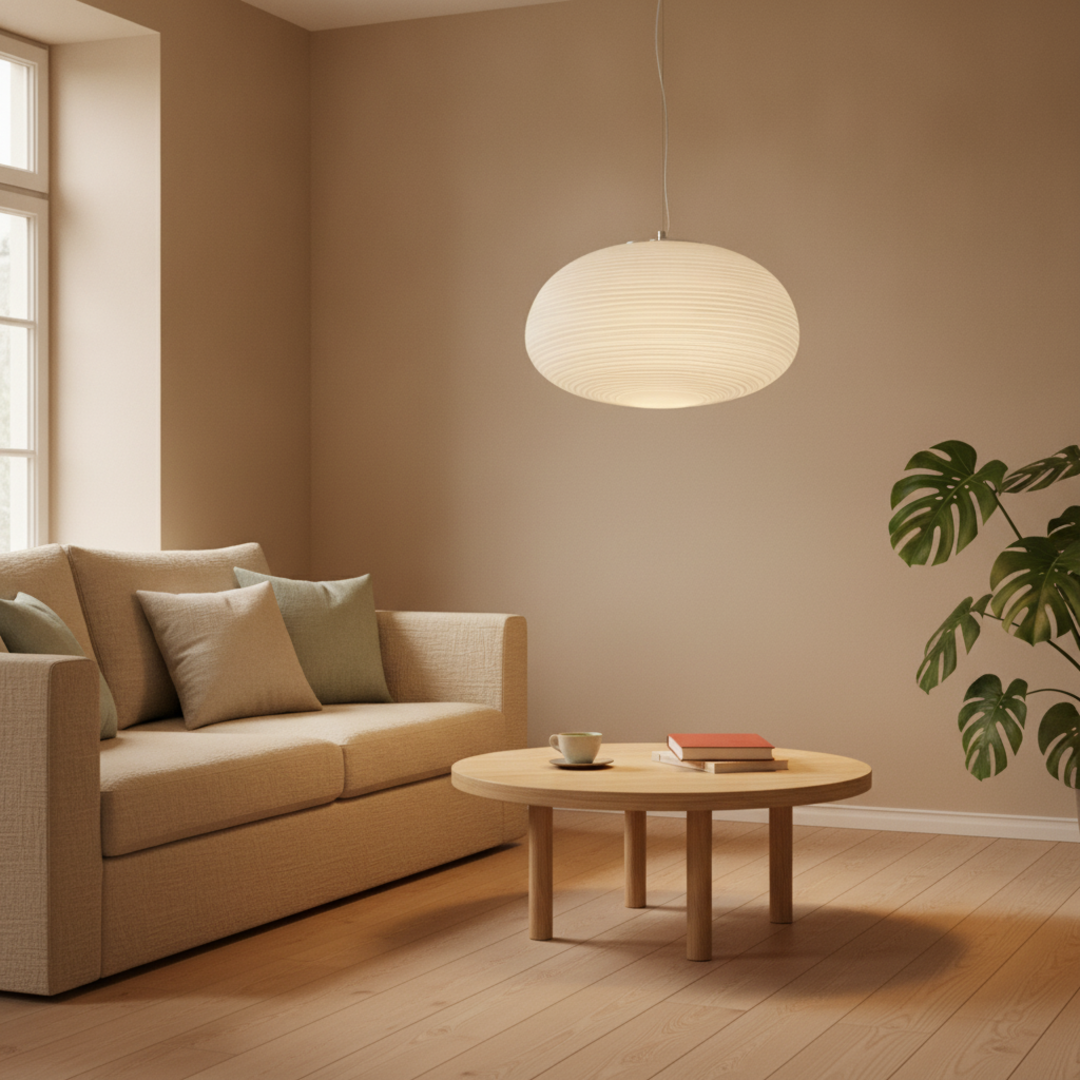 Keldvik — Opaline Pendant Light, Ribbed Frosted Glass — Nordic Japandi Living Room, square 1
