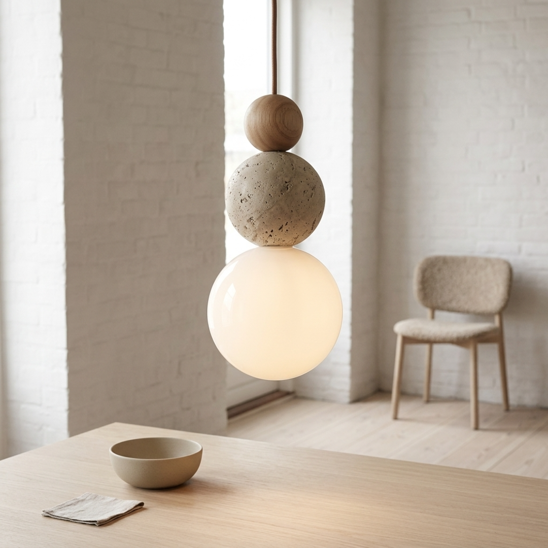 Keldvik — Stonewave Pendant Light, Textured Stone and Smooth Wood — Scandinavian Minimal Interior, square 2