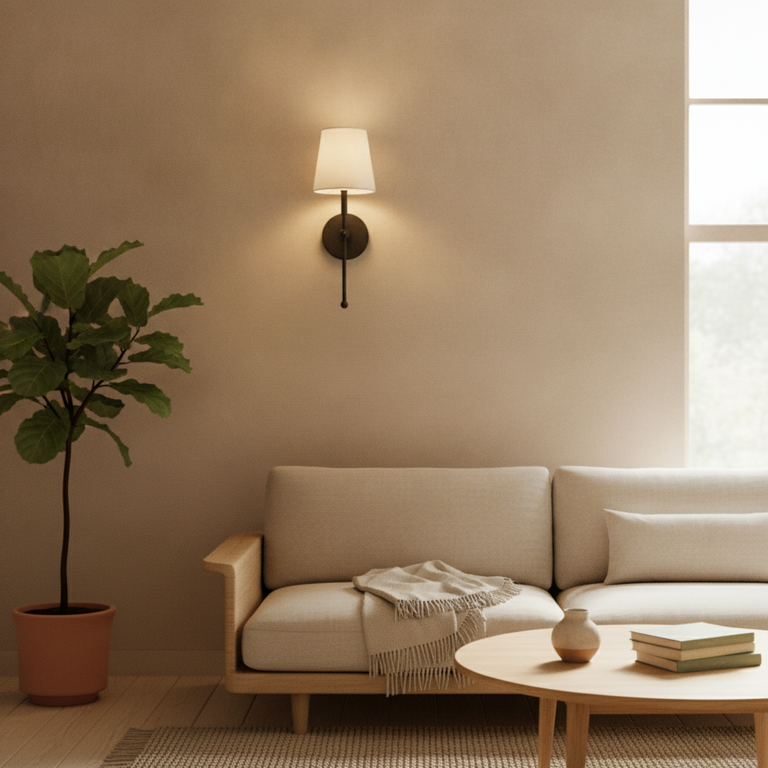 Keldvik — Emberhue Wall Sconce, Vintage Fabric with Metal Accents — Nordic Japandi Living Room, square 1
