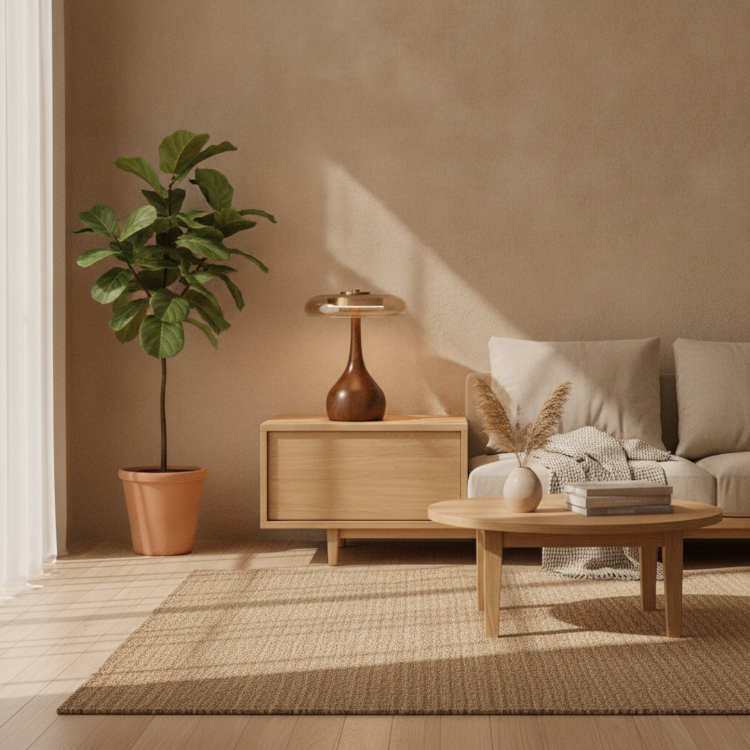 Keldvik — Duskglow Table Lamp, Curved Walnut Base with Amber Glass Shade — Nordic Japandi Living Room, square 3