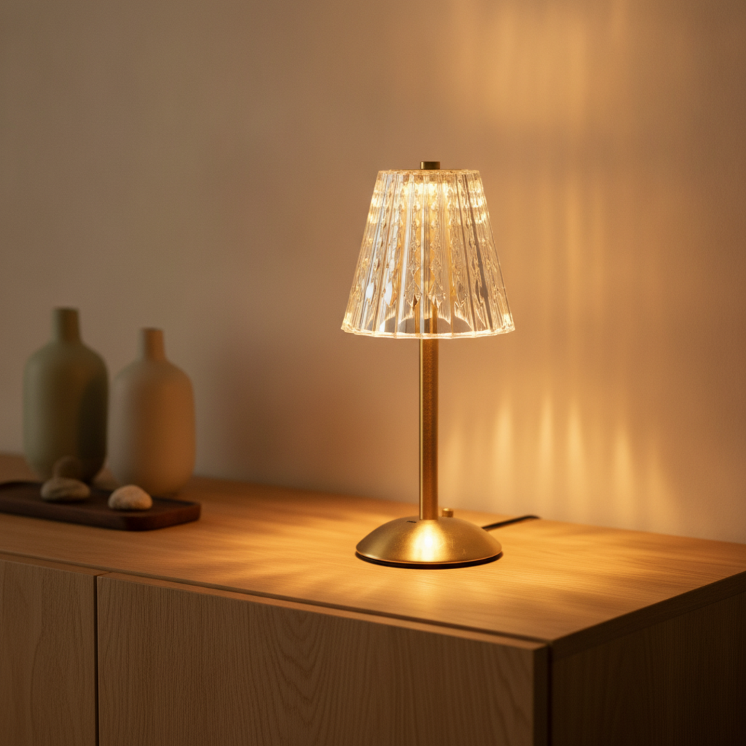 Keldvik — Lyra Table Lamp, Crystal-Cut Acrylic with Gold Iron Frame — Natural Wood Sideboard, square 2