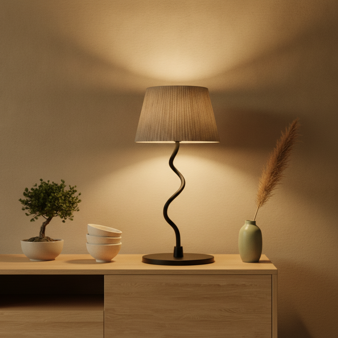 Keldvik — Sculptura Table Lamp, Woven Paper Rope Shade on Black Metal Base — Table Lamp on Wooden Sideboard, square 1