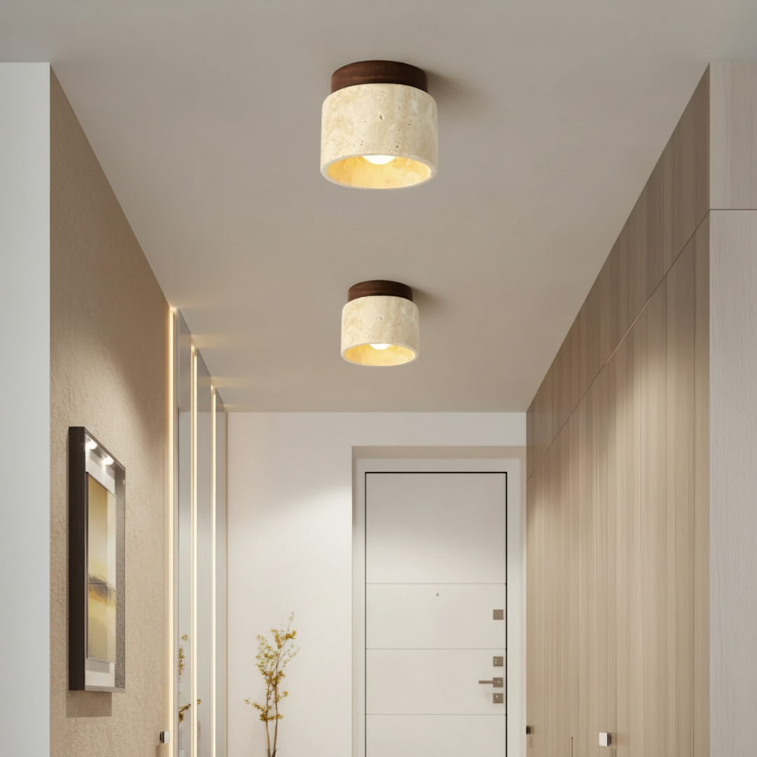 Keldvik — TranquilStone Ceiling Lamp, Genuine Travertine and Wood — Minimal Hallway with Wall Light, square 1