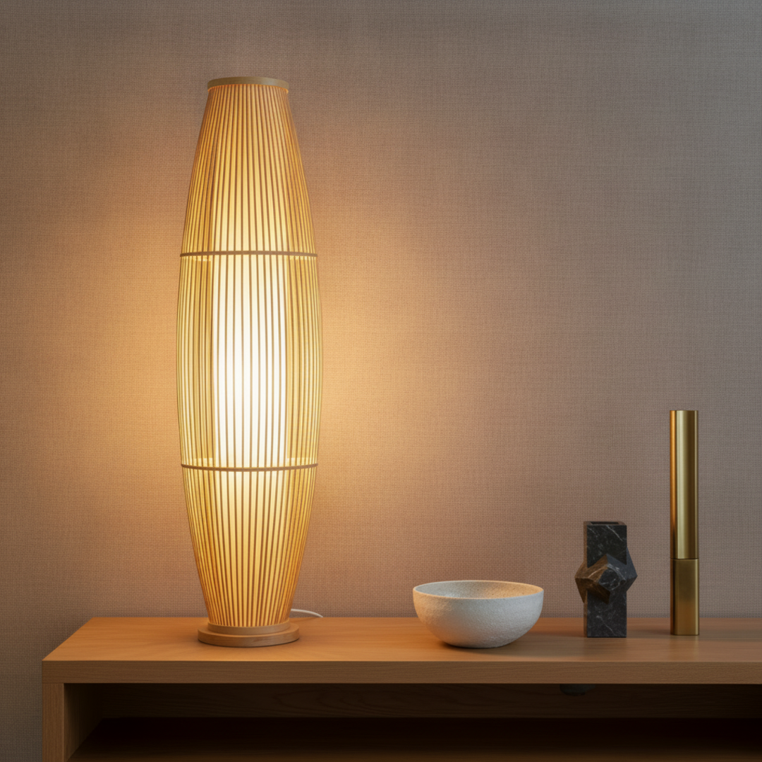 Keldvik — BambooMist Floor Lamp, Handwoven Bamboo and Metal — Natural Wood Sideboard, square 1