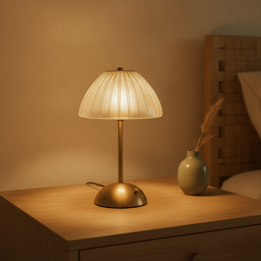 Keldvik — Lyra Table Lamp, Crystal-Cut Acrylic with Gold Iron Frame — Wooden Table, square 1