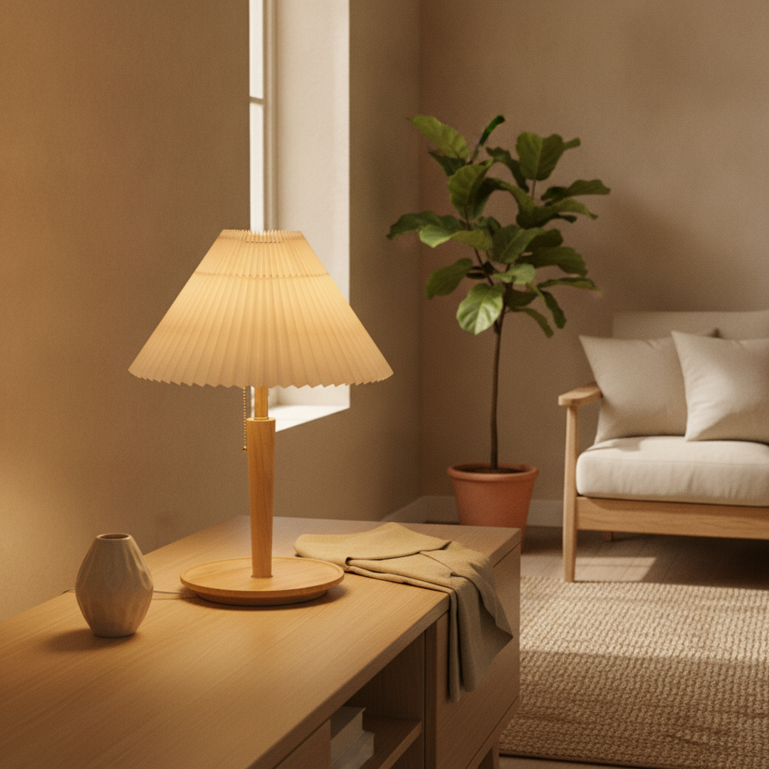 Keldvik — Hearthglow Table Lamp, Pleated Walnut Wood Shade — Nordic Japandi Living Room, square 1
