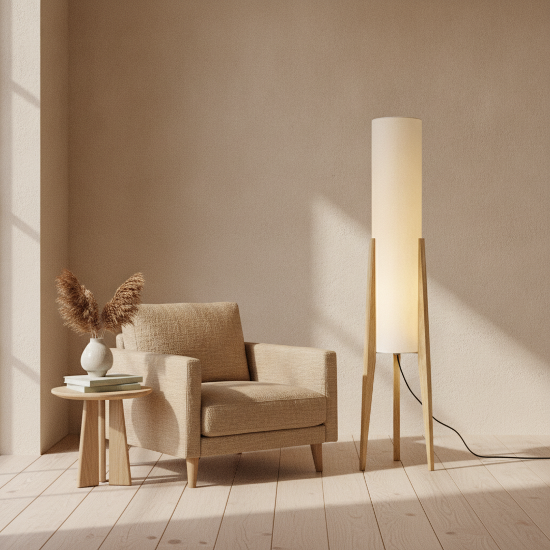 Keldvik — Hearthwood Floor Lamp, Walnut Wood with Fabric Shade — Luxury Interior, square 1