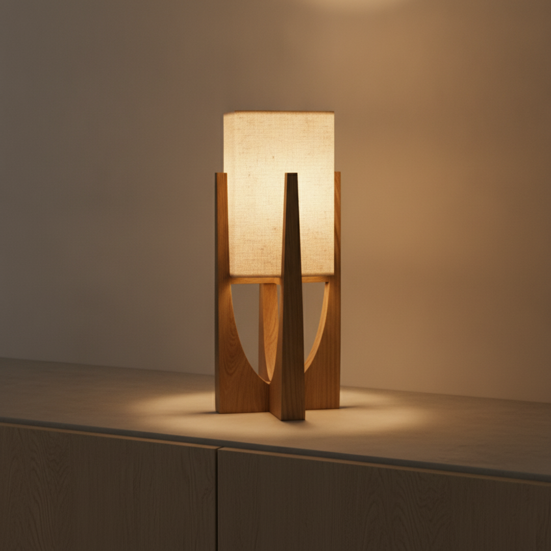 Keldvik — Harmoni Floor Lamp, Handcrafted Fabric Shade on Wooden Base — Concrete Surface, square 1