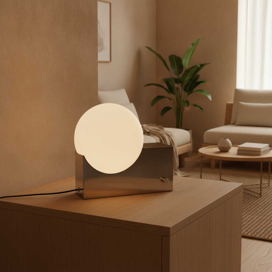 Keldvik — Frostveil Desk Lamp, Frosted Glass and Polished Stainless Steel — Nordic Japandi Living Room, square 1