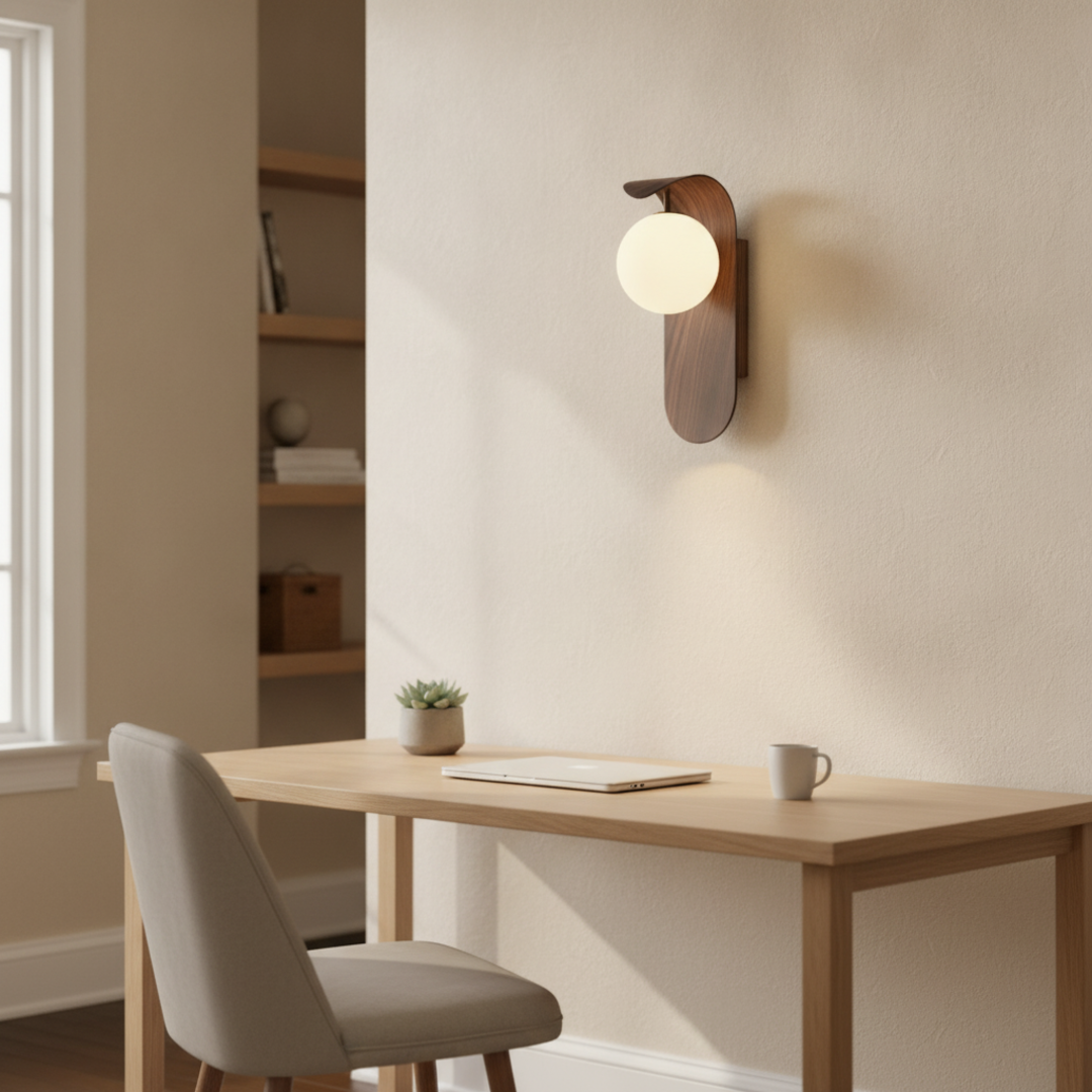 Keldvik — Mistveil Wall Lamp, Frosted Glass Globe on Wood Base — Office Desk, square 1