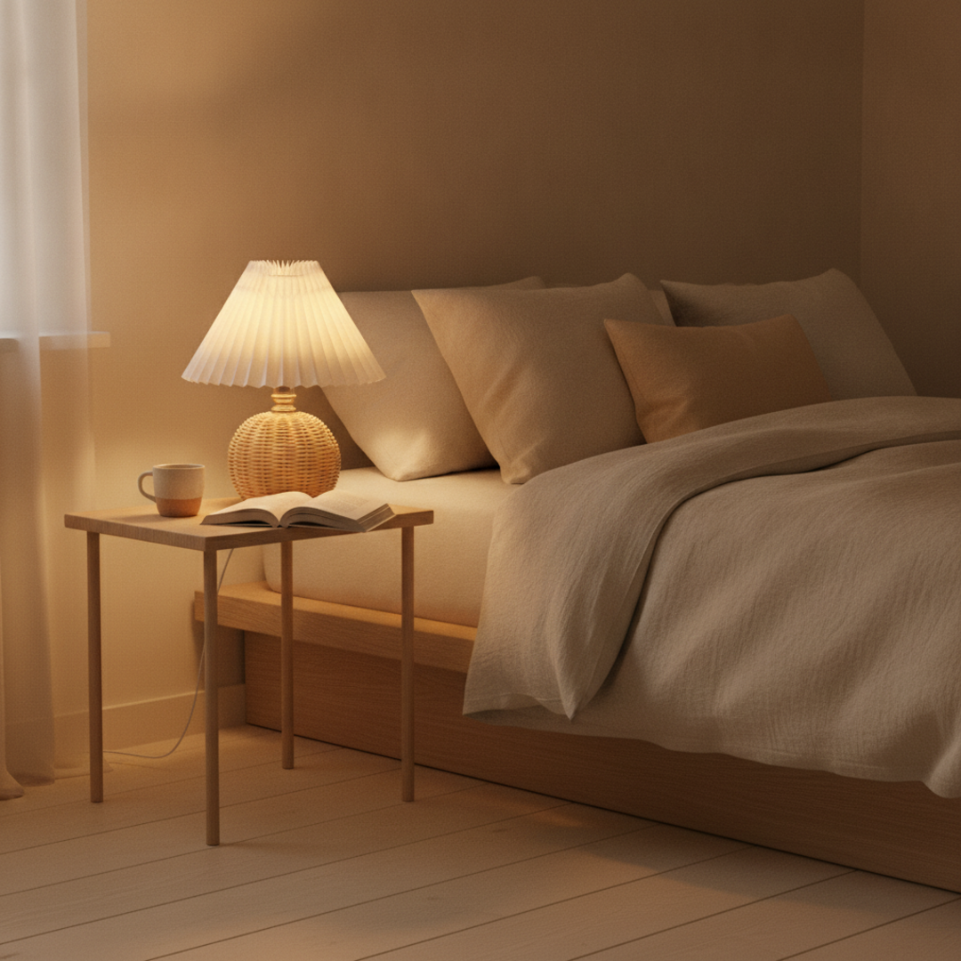 Keldvik — Hearthcone Table Lamp, Woven Rattan with Pleated Fabric Shade — Soft Neutral Bedroom, square 1