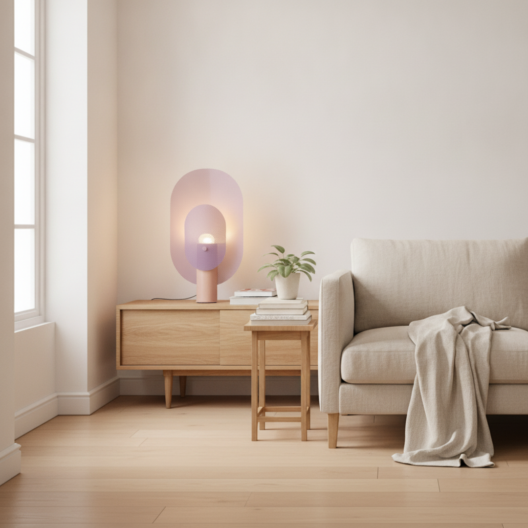 Keldvik — Gridhaven Table Lamp, Iron Mesh in Light Pink and Purple — Scandinavian Minimal Interior, square 1