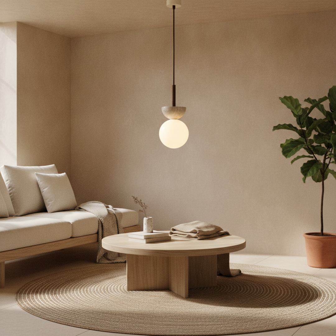 Keldvik — Terranova Pendant Lamp, Cream Travertine Finish — Nordic Japandi Living Room, square 1