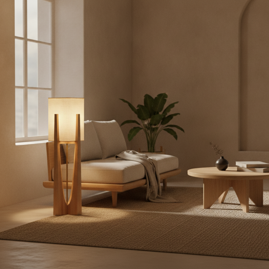 Keldvik — Harmoni Floor Lamp, Handcrafted Fabric Shade on Wooden Base — Nordic Japandi Living Room, square 3