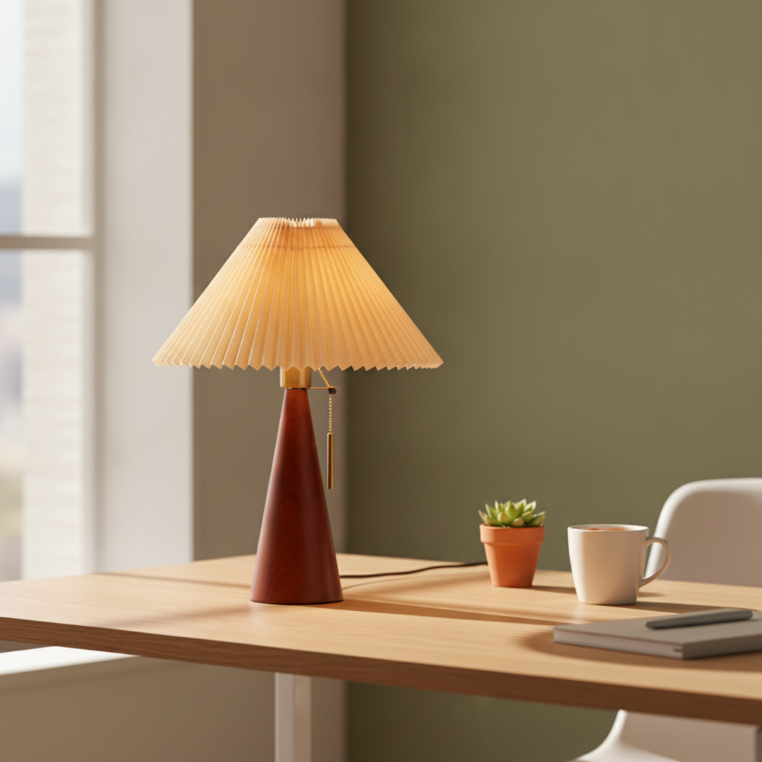 Keldvik — Dawnveil Table Lamp, Natural Rubberwood and Pleated Fabric — Office Desk, square 1