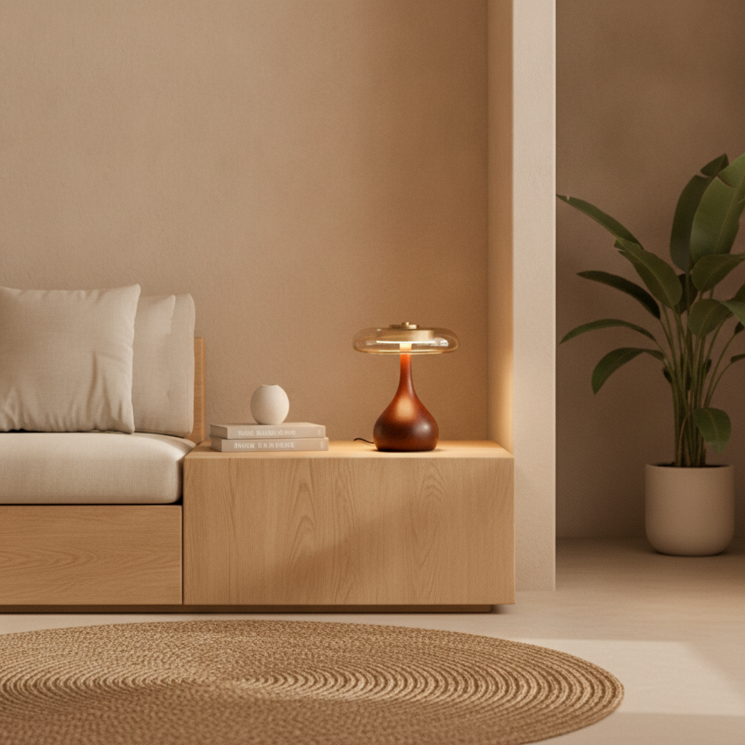 Keldvik — Duskglow Table Lamp, Curved Walnut Base with Amber Glass Shade — Nordic Japandi Living Room, square 1