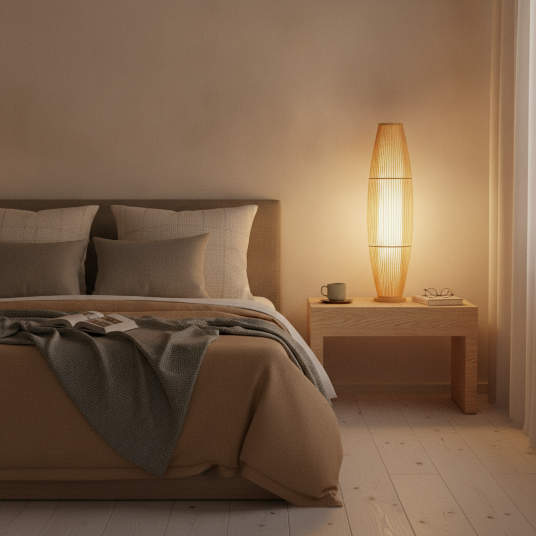 Keldvik — BambooMist Floor Lamp, Handwoven Bamboo and Metal — Soft Neutral Bedroom, square 1