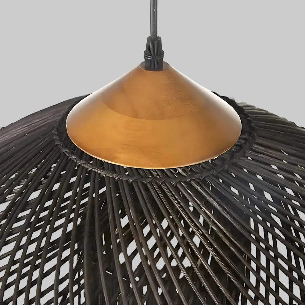 Natural rattan pendant light over a kitchen island