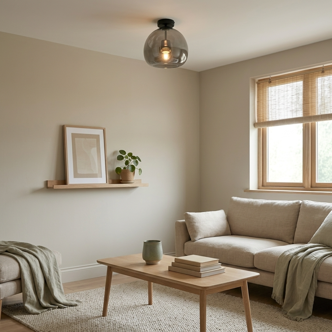 Keldvik — Glasthra Ceiling Light, Tinted Glass Shade — Nordic Japandi Living Room, square 1