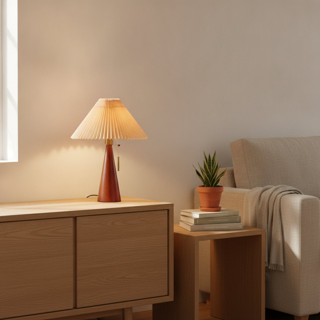Keldvik — Dawnveil Table Lamp, Natural Rubberwood and Pleated Fabric — Scandinavian Minimal Interior, square 2
