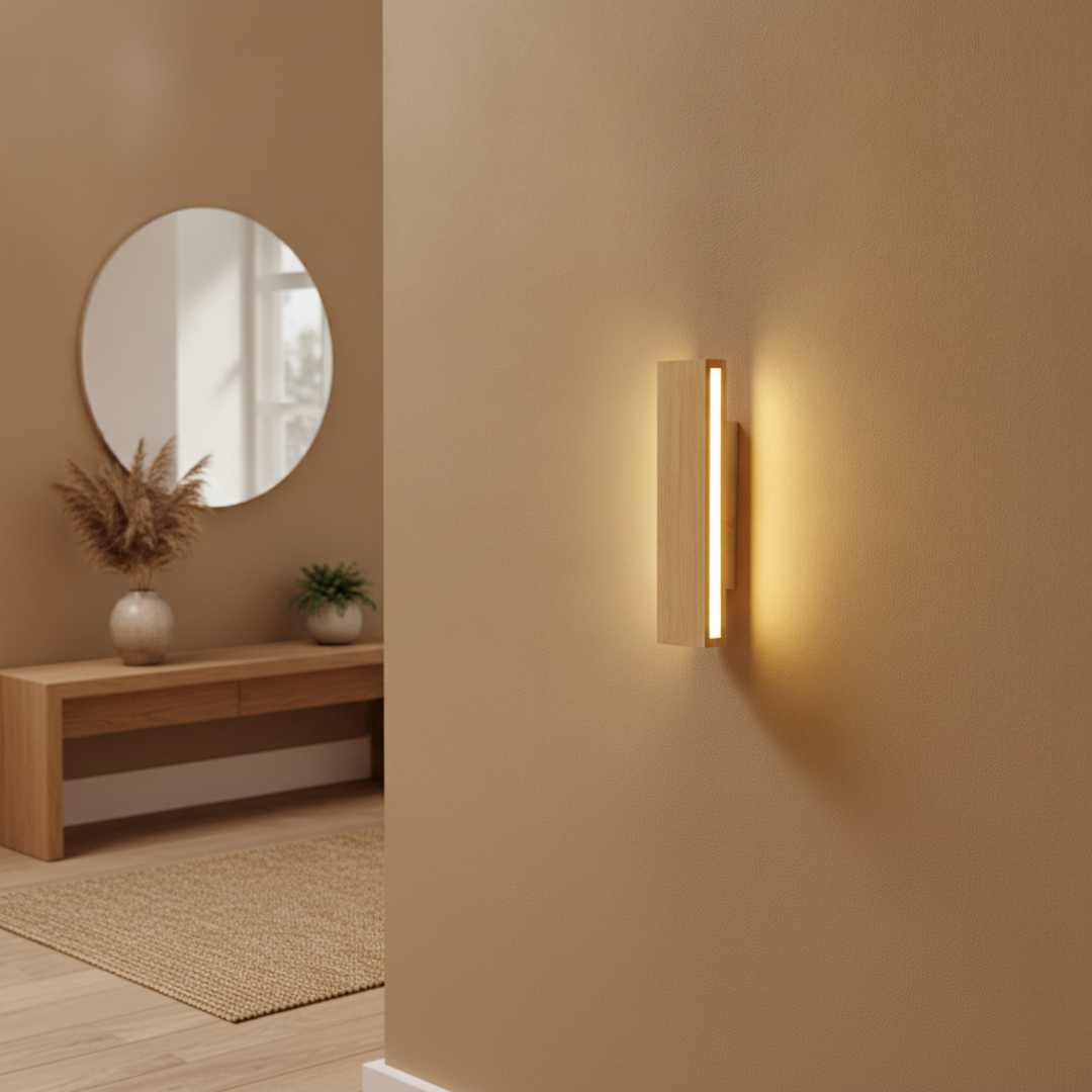 Keldvik — Harmonia Wall Sconce, Solid Wood and Frosted Acrylic — Wall Sconce in Warm Hallway, square 2