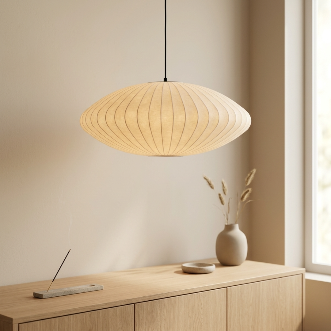 Keldvik — Silkhaven Pendant Light, Handcrafted Silk Shade — Natural Wood Sideboard, square 1