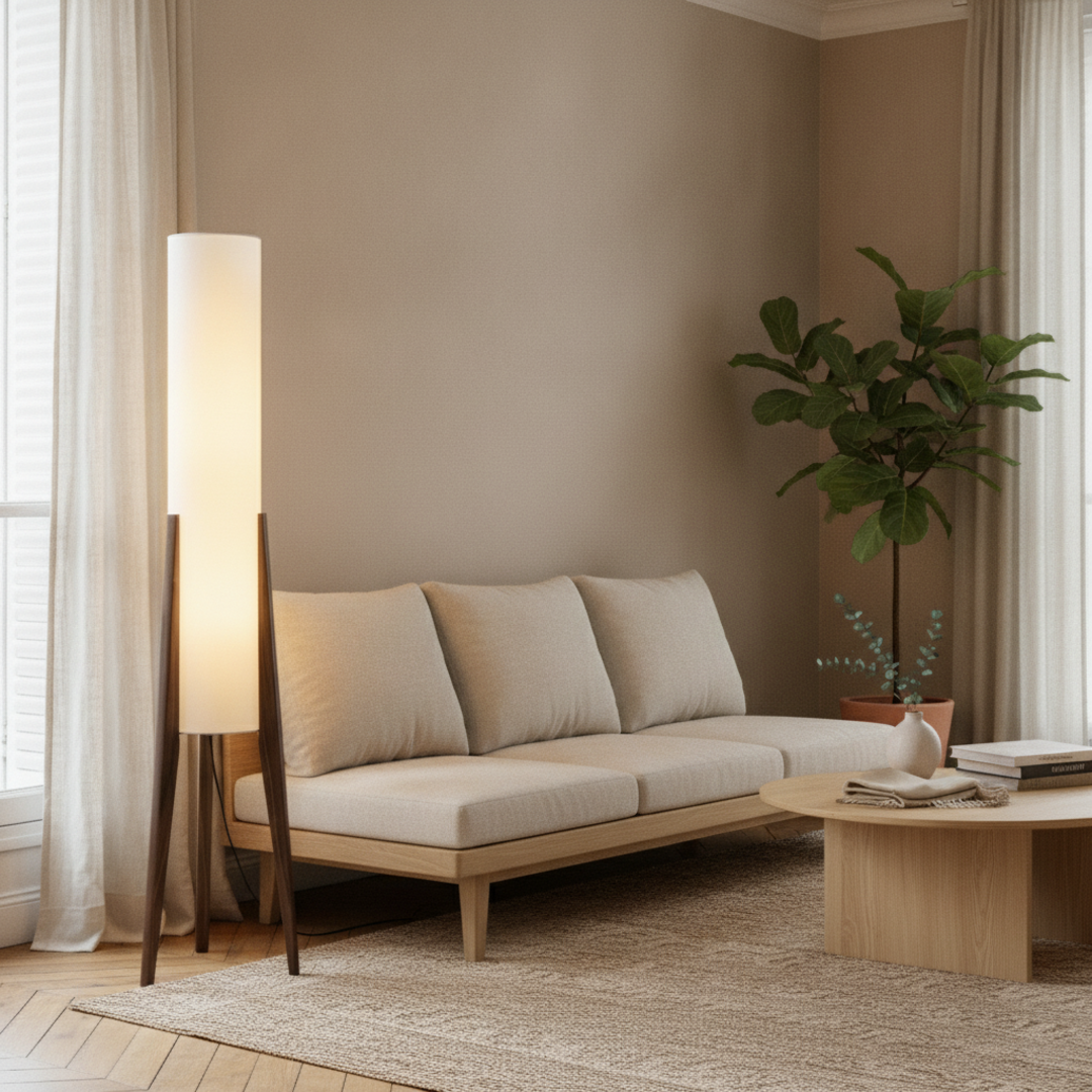 Keldvik — Hearthwood Floor Lamp, Walnut Wood with Fabric Shade — Nordic Japandi Living Room, square 1
