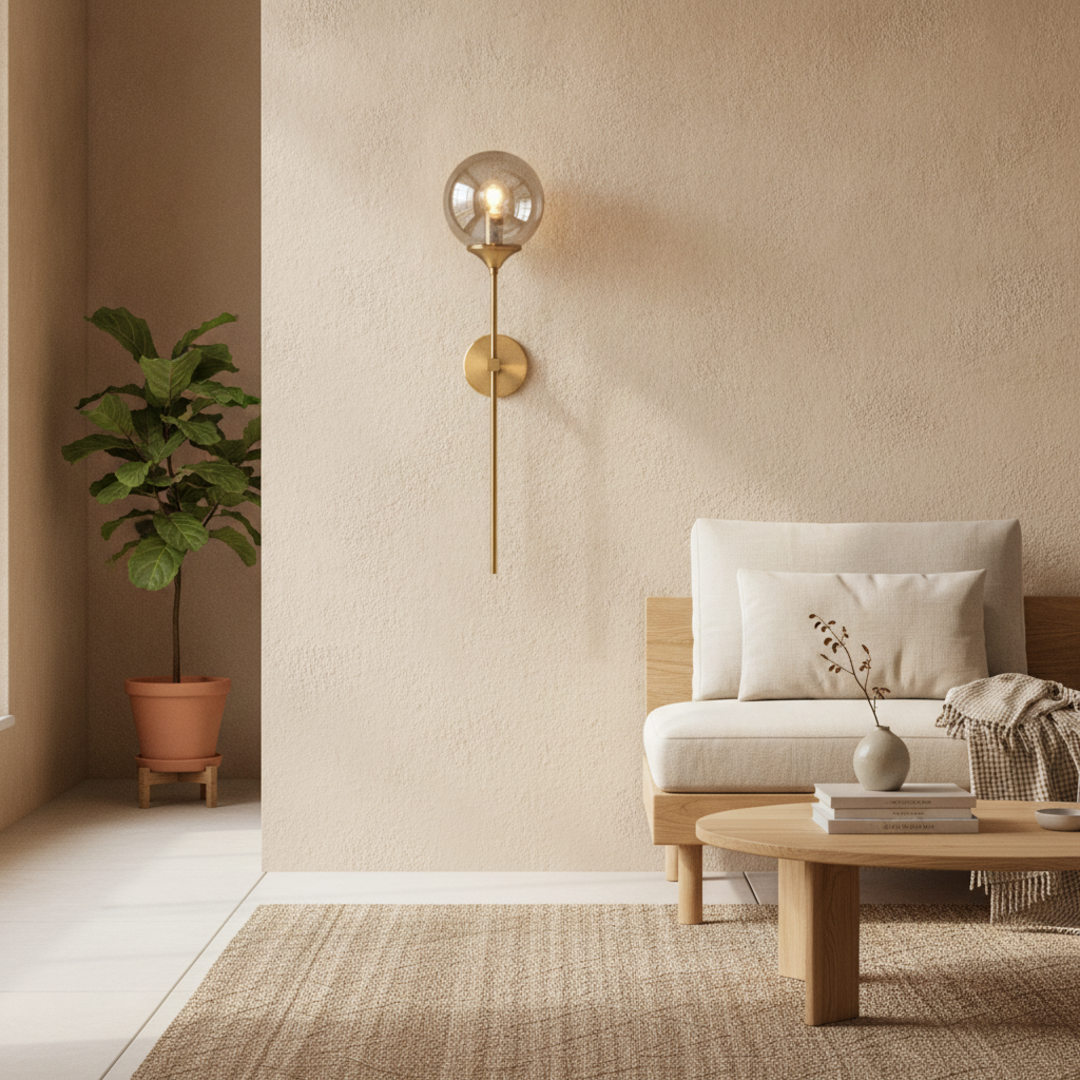 Keldvik — Globeveil Wall Lamp, Clear Glass with Iron Frame — Nordic Japandi Living Room, square 1