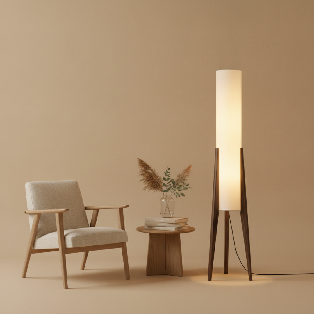 Keldvik — Hearthwood Floor Lamp, Walnut Wood with Fabric Shade — Warm Neutral Studio, square 1