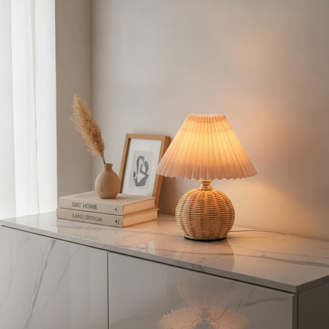 Keldvik — Hearthcone Table Lamp, Woven Rattan with Pleated Fabric Shade — Marble Surface, square 1