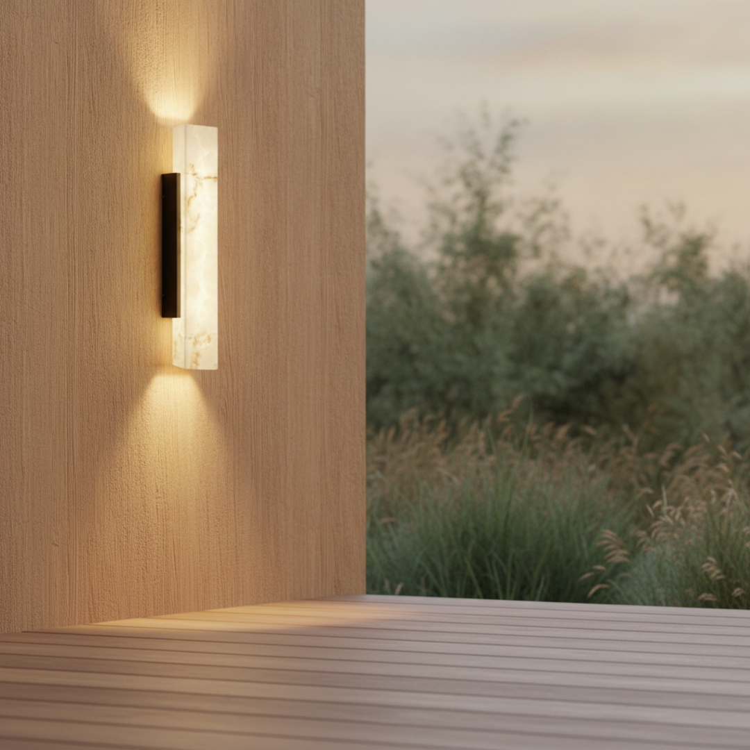 Keldvik — Emberveil Outdoor Wall Light, Imitation Marble and Stainless Steel — Outdoor Patio Evening Scene, square 4