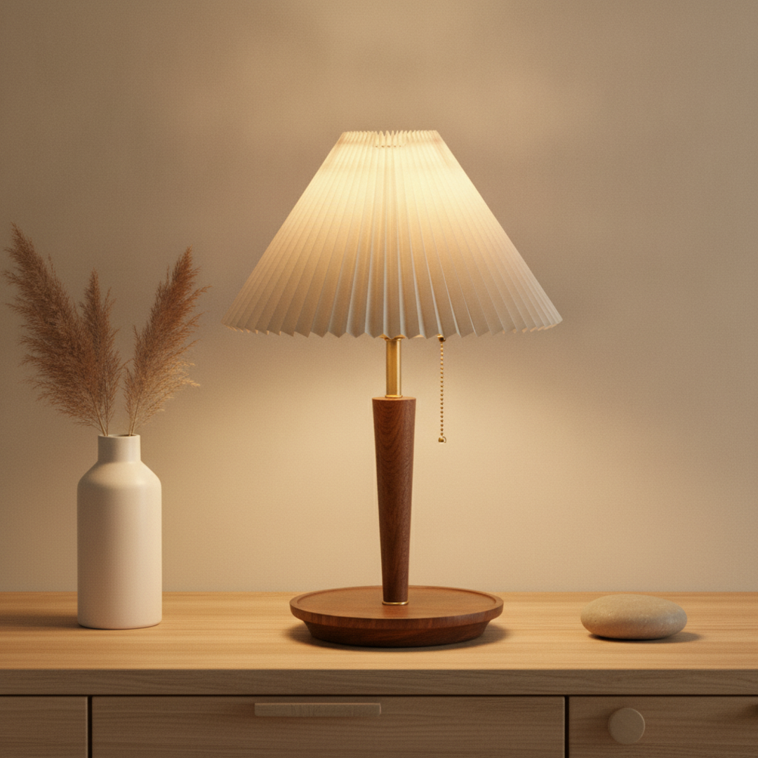 Keldvik — Hearthglow Table Lamp, Pleated Walnut Wood Shade — Table Lamp on Wooden Sideboard, square 1