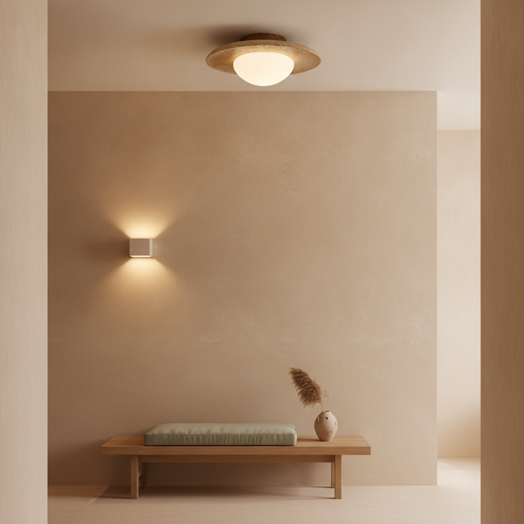 Keldvik — Havenstone Ceiling Light, Natural Travertine Shade — Minimal Hallway with Wall Light, square 1