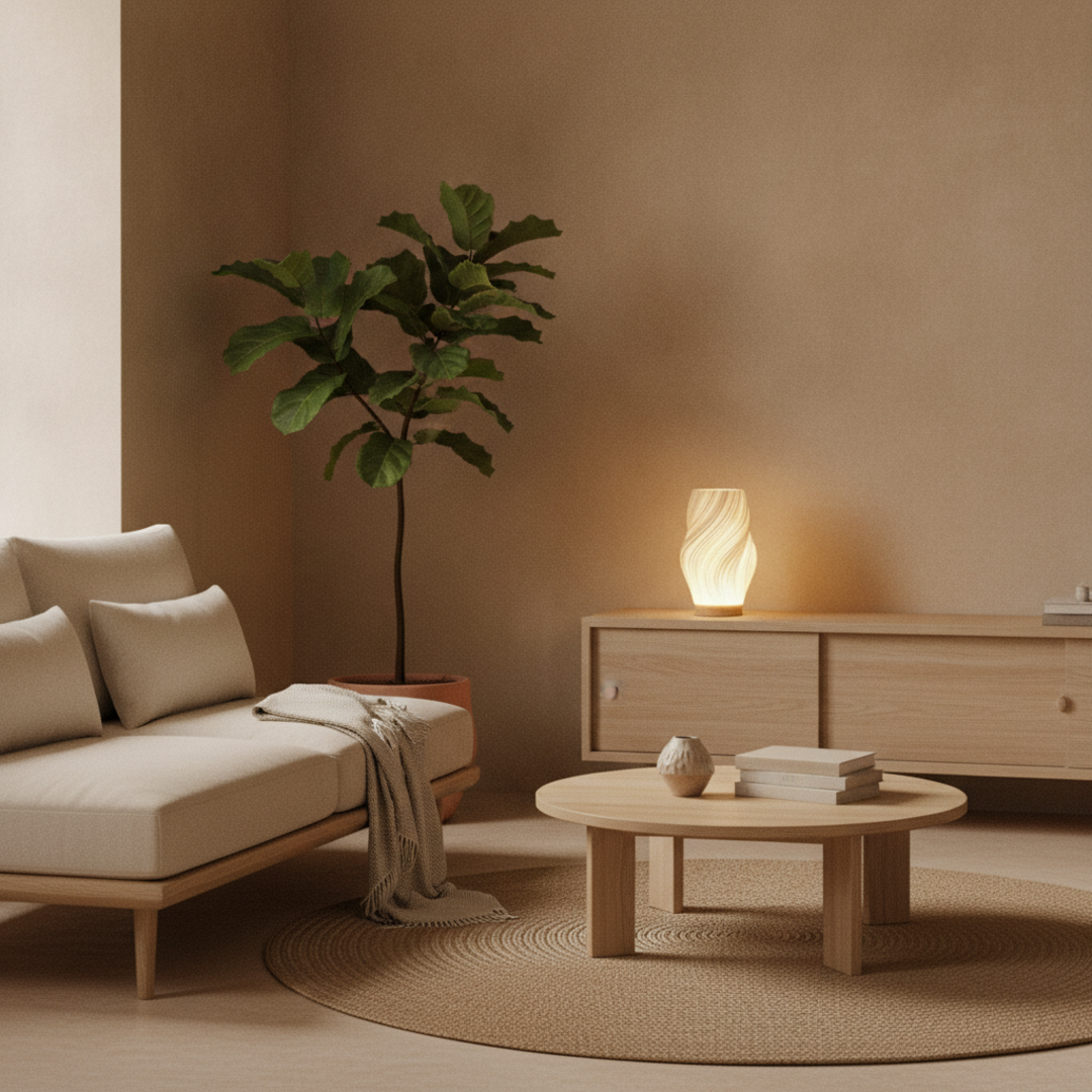 Keldvik — Bølge Table Lamp, Wave-Shaped Shade in Natural Wood — Nordic Japandi Living Room, square 4