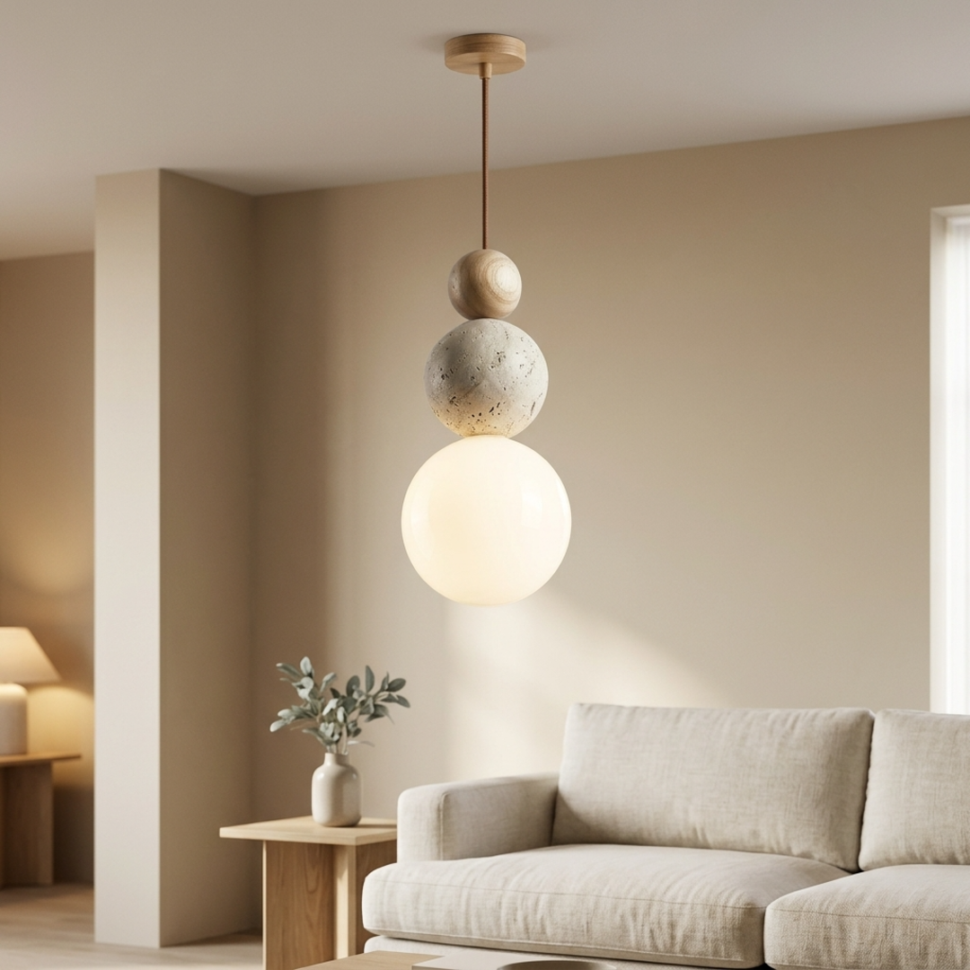 Keldvik — Stonewave Pendant Light, Textured Stone and Smooth Wood — Floor Lamp in Japandi Living Room, square 3
