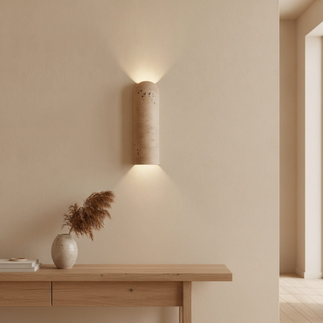 Keldvik — Stoneveil Wall Sconce, Authentic Travertine — Wall Sconce in Warm Hallway, square 4
