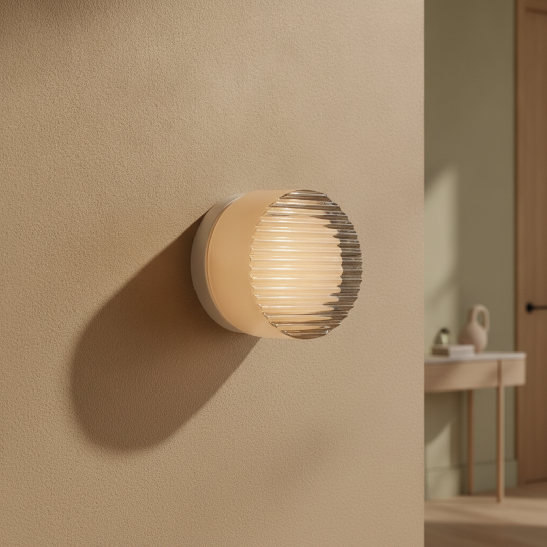Keldvik — Ember Wall Lamp, Dimpled Smoked Grey Glass — Minimal Hallway with Wall Light, square 2