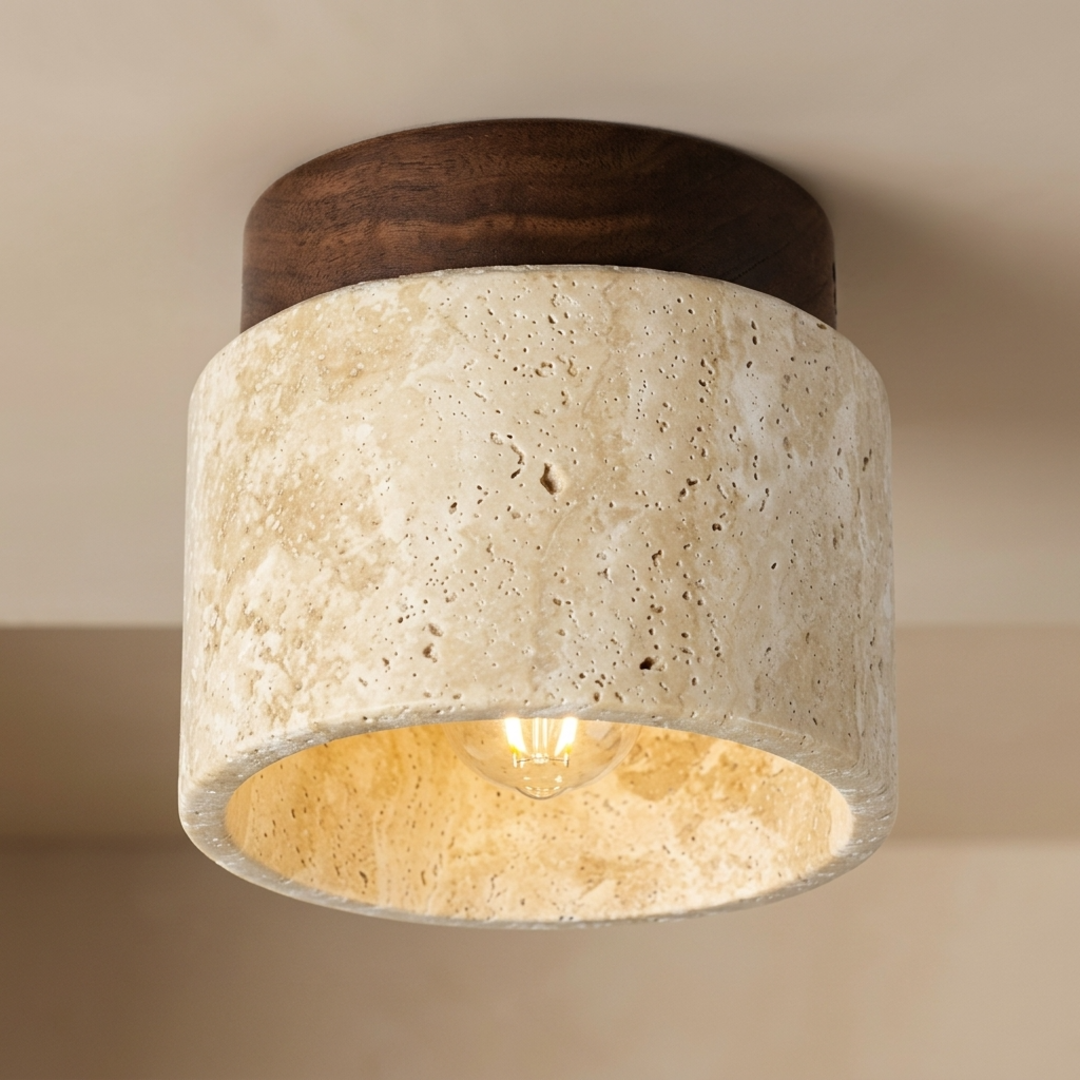 Keldvik — TranquilStone Ceiling Lamp, Genuine Travertine and Wood — Warm Neutral Studio, square 1