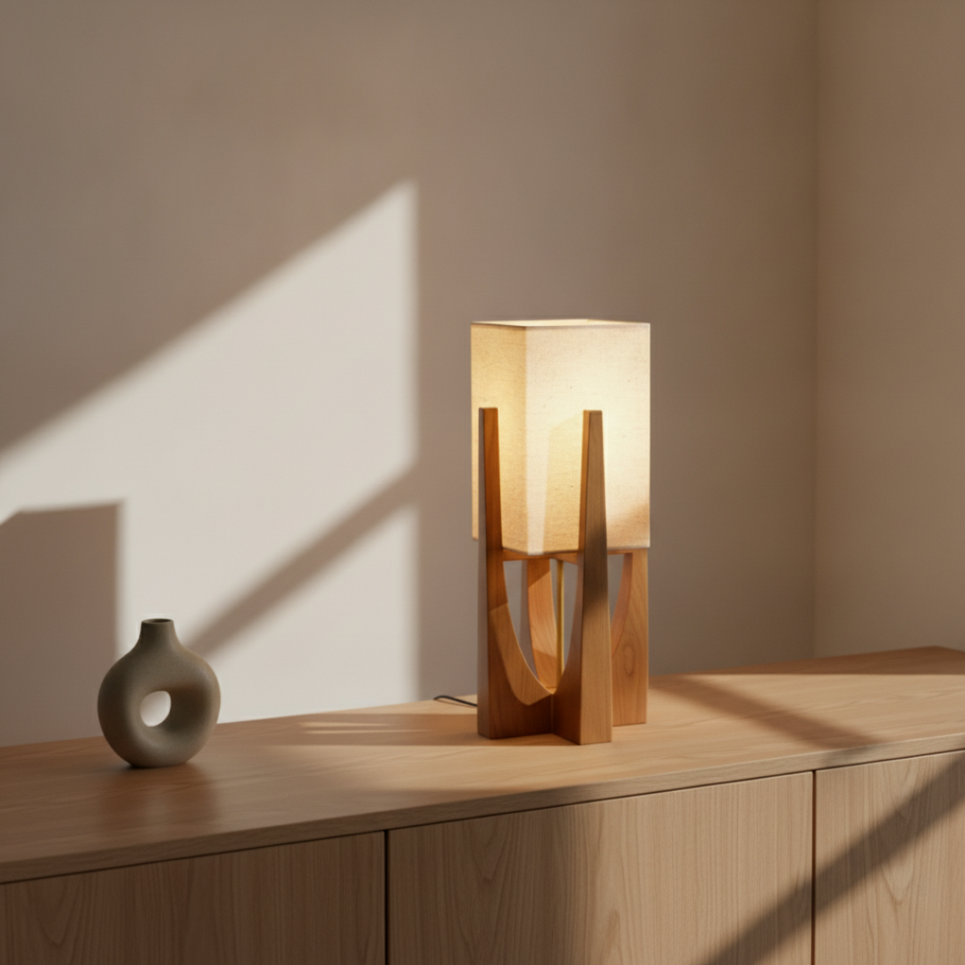 Keldvik — Harmoni Floor Lamp, Handcrafted Fabric Shade on Wooden Base — Wooden Table, square 1