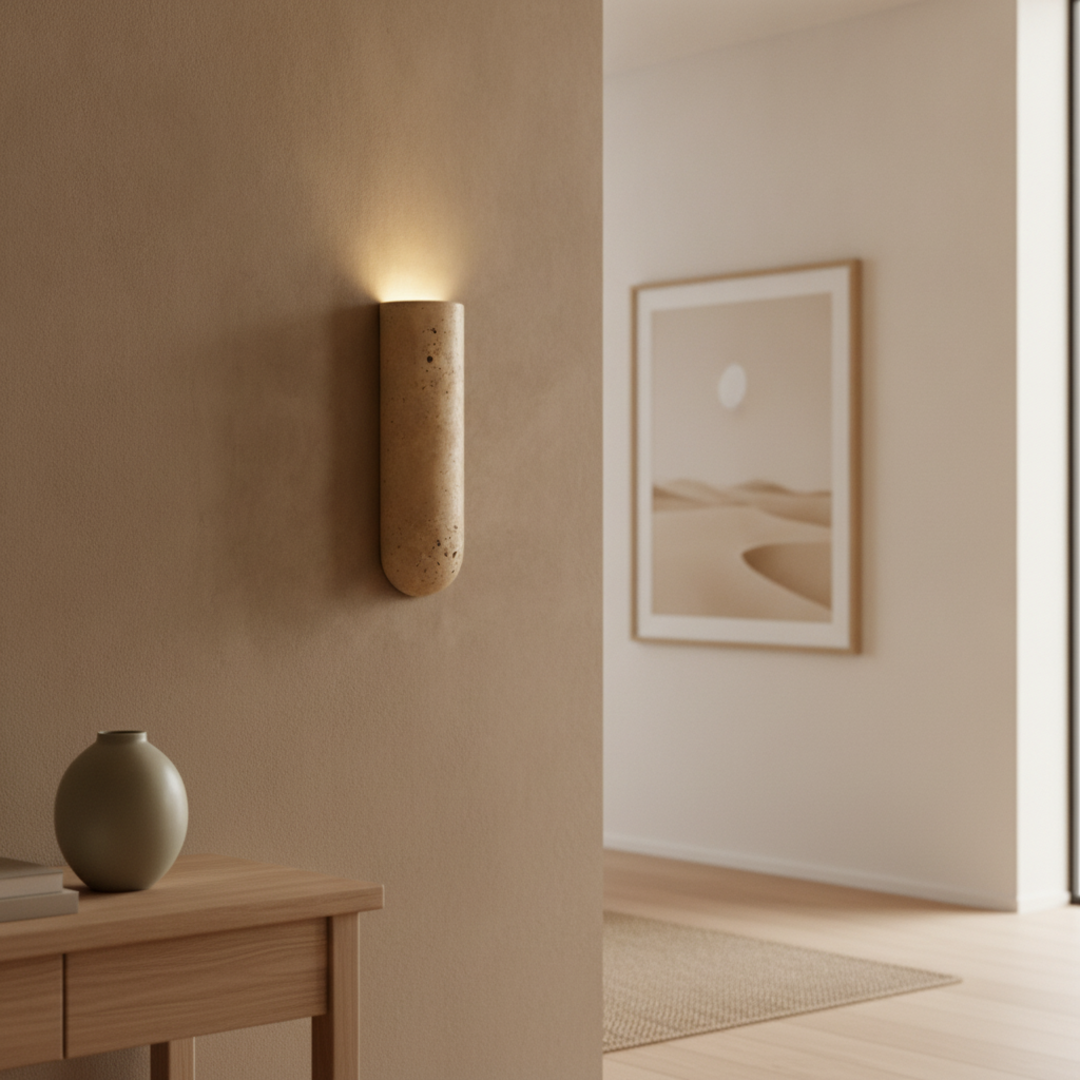 Keldvik — Stoneveil Wall Sconce, Authentic Travertine — Wall Sconce in Warm Hallway, square 3