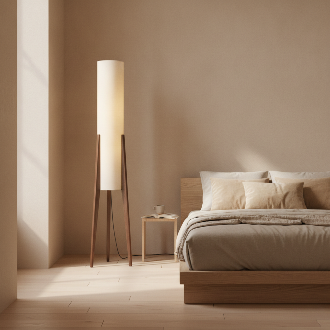 Keldvik — Hearthwood Floor Lamp, Walnut Wood with Fabric Shade — Soft Neutral Bedroom, square 1